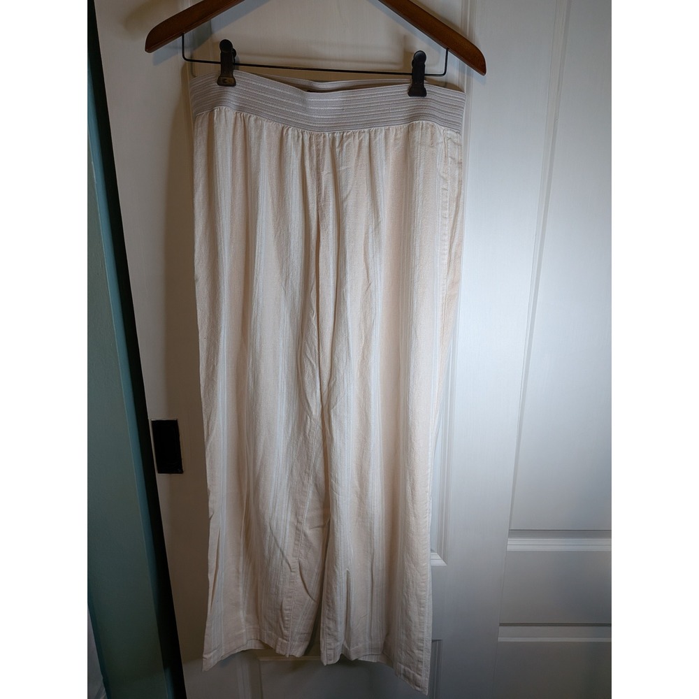 One Lane Women Cream White Striped Linen Blend Wide Leg Pants Large DR2316